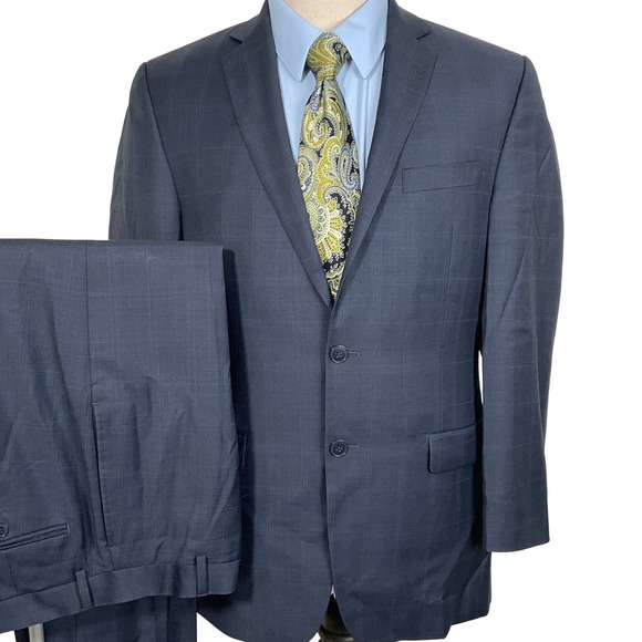 Calvin Klein Suit Men‎ 36R 31W 30L Blue Black Windowpane Plaid 2 Button Wool - Picture 1 of 16